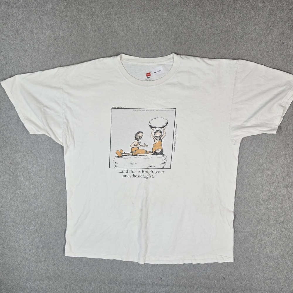 VINTAGE Bill Abbot 2005 Men Shirt 2XL White Anesthesiologist Caveman Comic READ